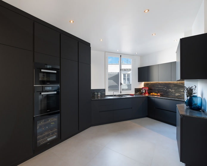 Diseño de cocina con muebles negros en estilo minimalista