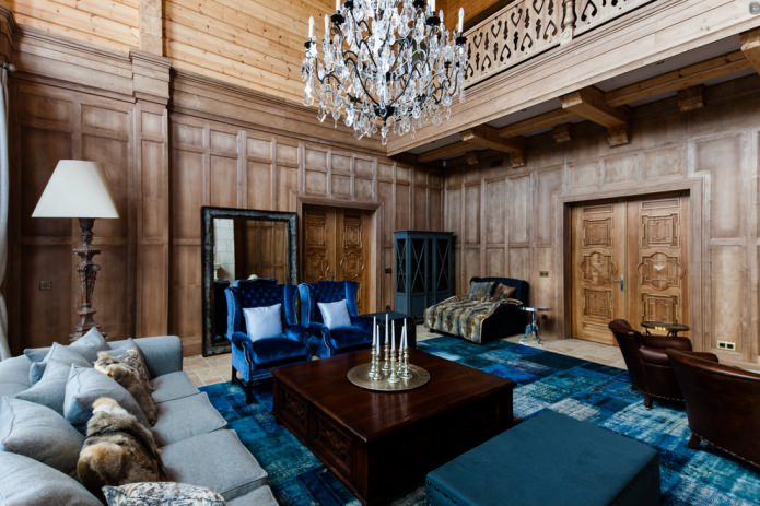 living room with wood paneling