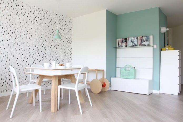 comedor en estilo escandinavo en colores blanco y menta