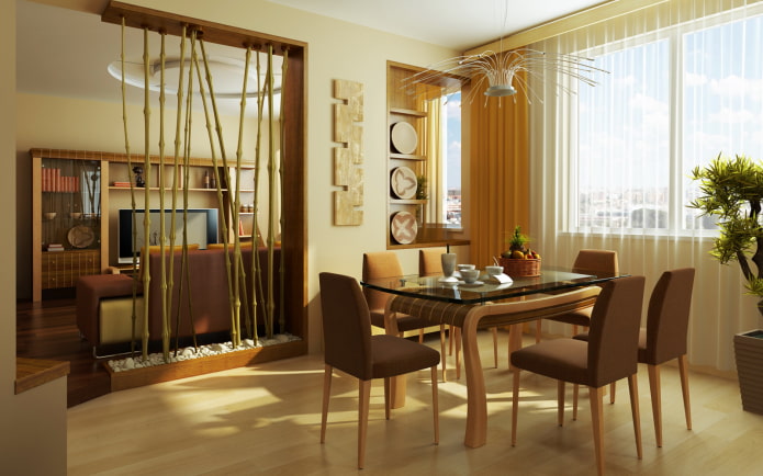 tabique de bambú en el interior de la cocina-salón