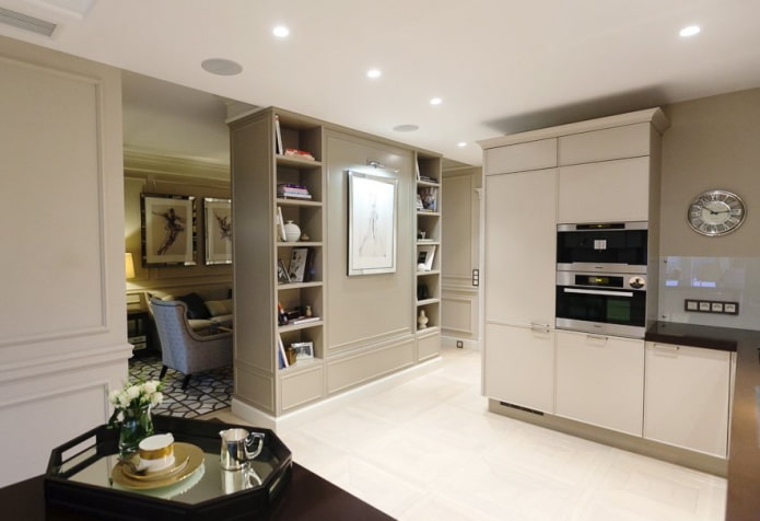 tabique con estantes en el interior de la cocina-salón