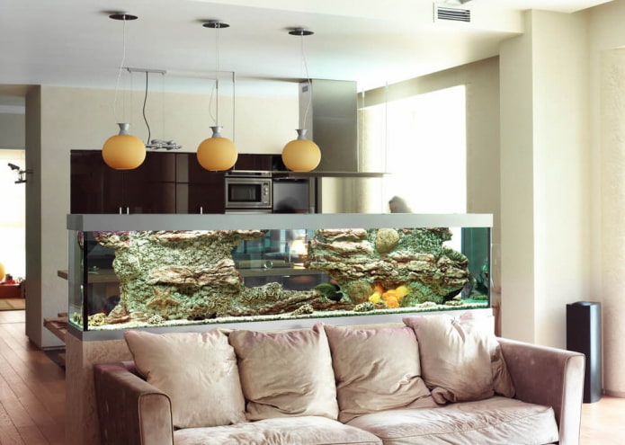 mampara con acuario en el interior de la cocina-salón