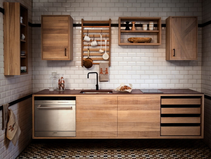 Cocina de una sola fila estilo madera