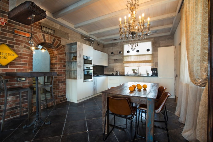 Azulejos de suelo en la cocina de estilo loft