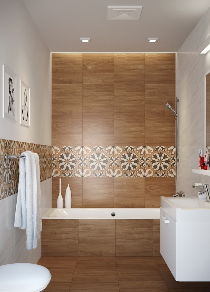 Diseño de azulejos de madera en el interior del baño