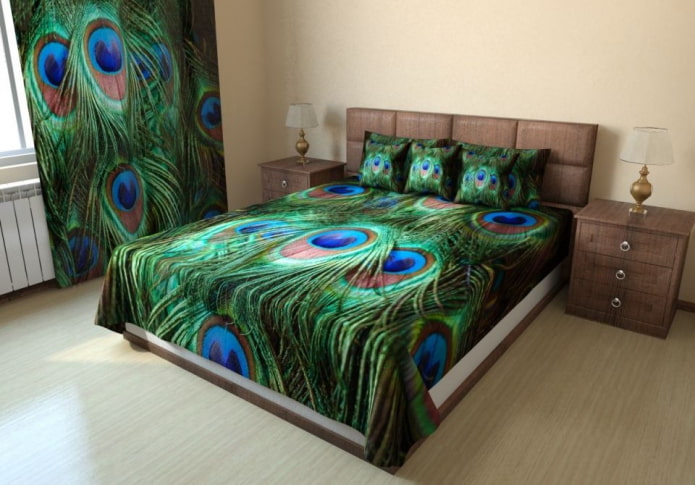 cama con colcha con impresión fotográfica en el dormitorio