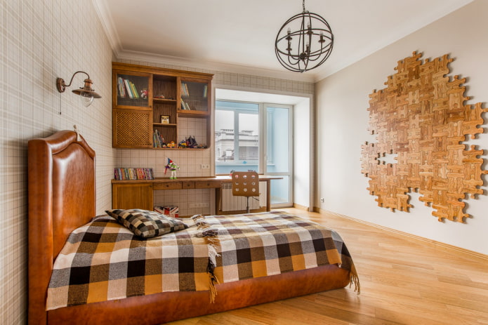 Cama con colcha a cuadros en el dormitorio