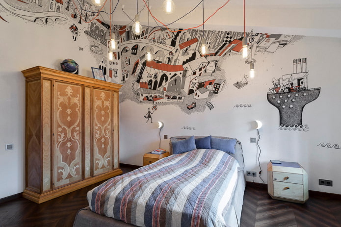 Cama de adolescente con colcha en la habitación de un niño
