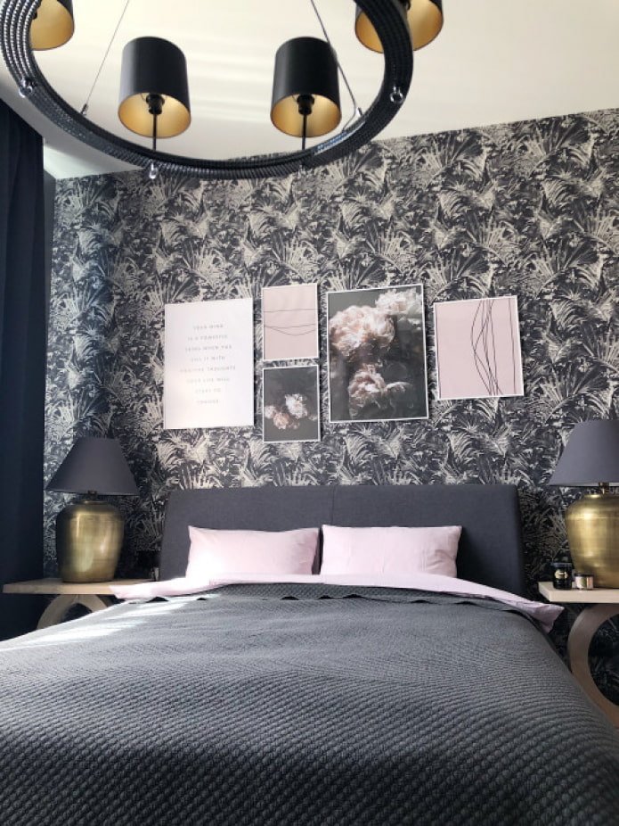 dormitorio elegante en gris y rosa