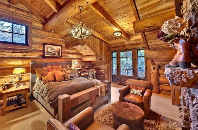 interior de dormitorio de madera sin tratar