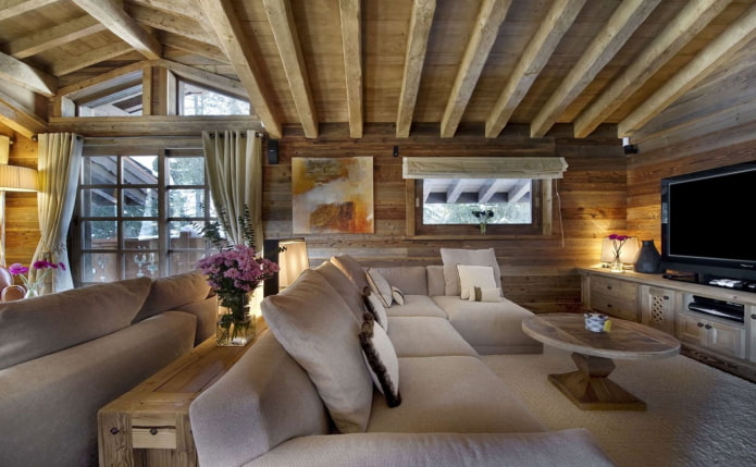 interior de sala de estar de madera sin tratar