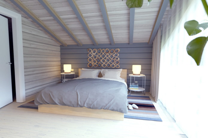 dormitorio blanco y lila en una casa de madera