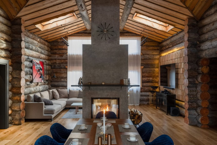 Chimenea de hormigón en una casa de madera