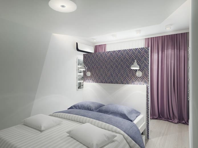 Interior de dormitorio con cortinas moradas