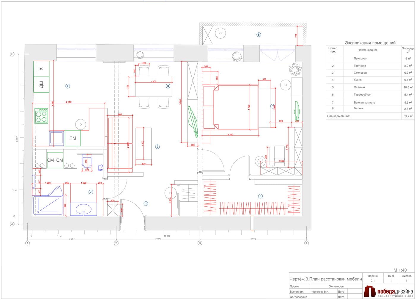 Distribución de un apartamento de dos habitaciones de 57 m².