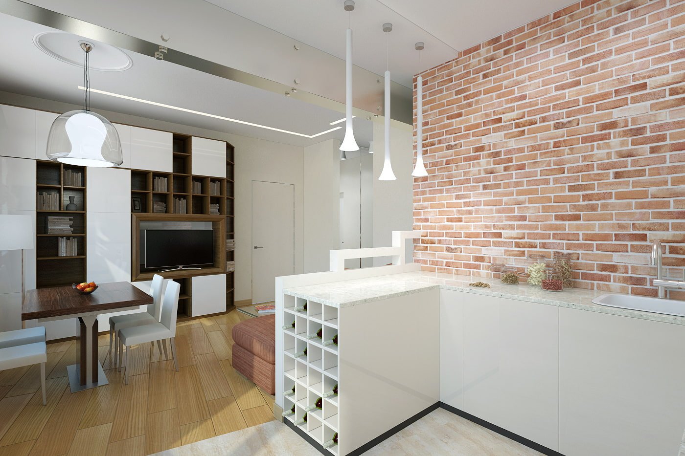 Cocina-salón en un apartamento de dos habitaciones