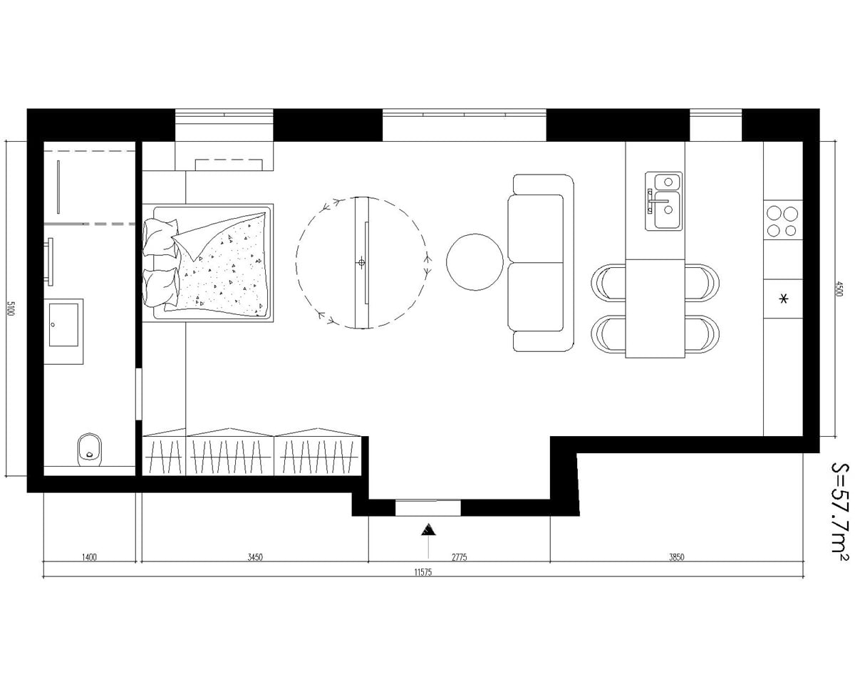 Disposición de un apartamento de 57 m2. estudio