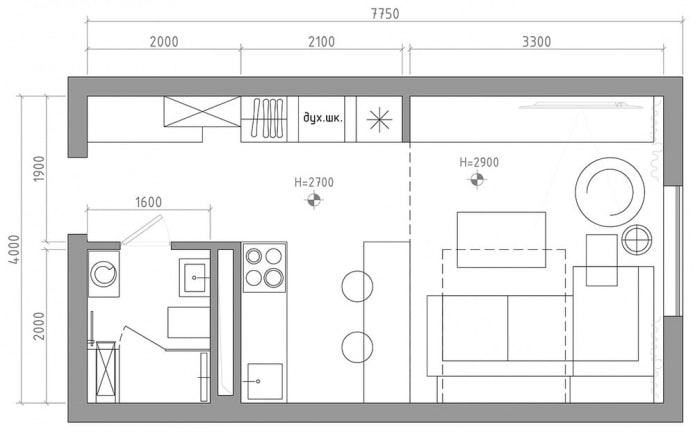 Distribución del estudio 29 m².