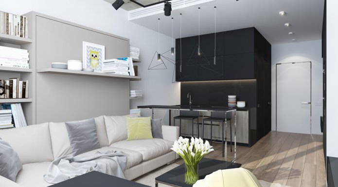 Diseño moderno de una sala de estar combinada con una cocina en un estudio