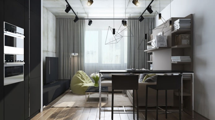 Diseño moderno de una sala de estar combinada con una cocina en un apartamento tipo estudio