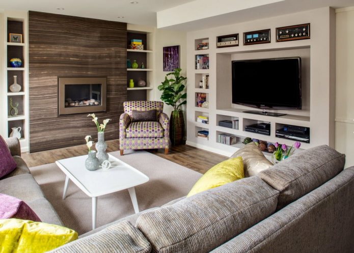 living room with TV and fireplace