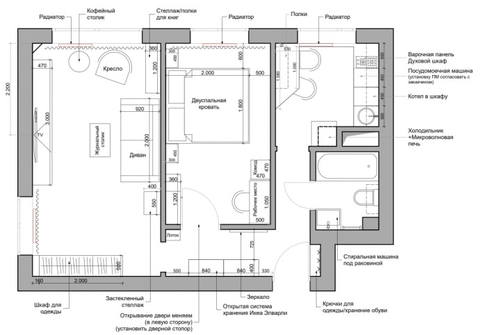 Diagrama de distribución de Khrushchevka con muebles