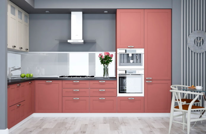 interior de cocina en tonos grises y rosas