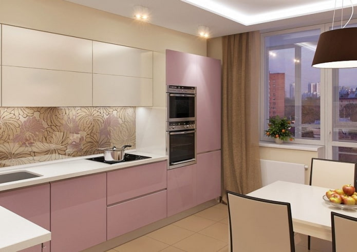 Interior de cocina en tonos beige y rosa