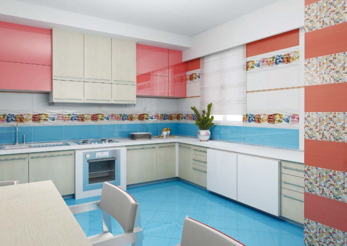 interior de cocina en tonos rosas y azules