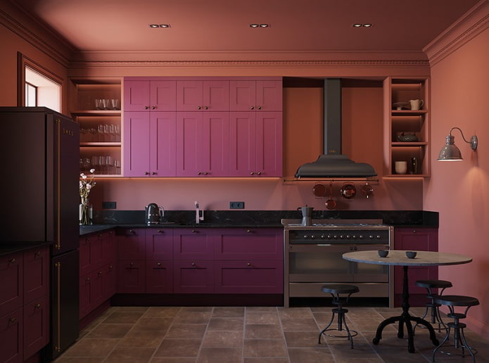 interior de cocina en tonos rosa y lila