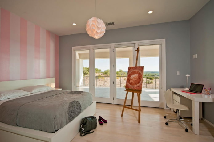 interior de un dormitorio gris-rosa