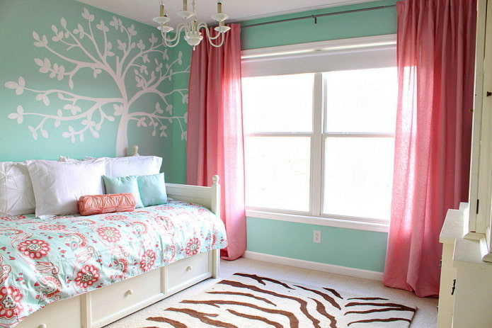 interior de dormitorio en tonos rosa y turquesa