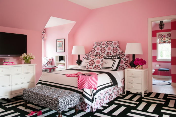 interior de dormitorio negro y rosa