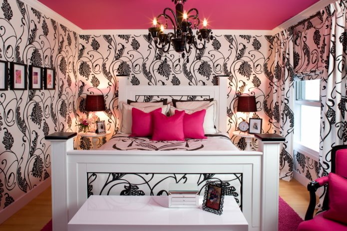 interior de dormitorio negro y rosa