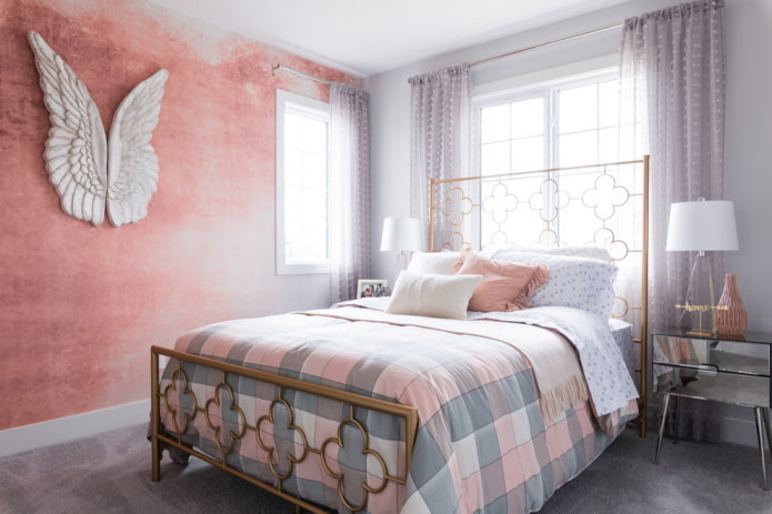 interior de dormitorio gris-rosa