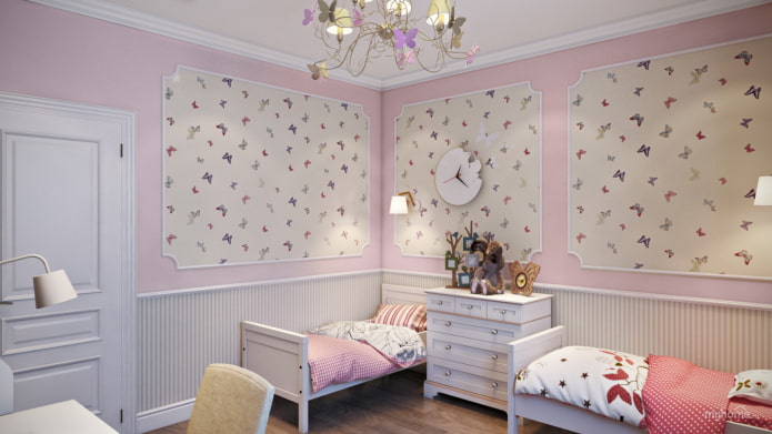 papel pintado rosa y beige en la habitación infantil