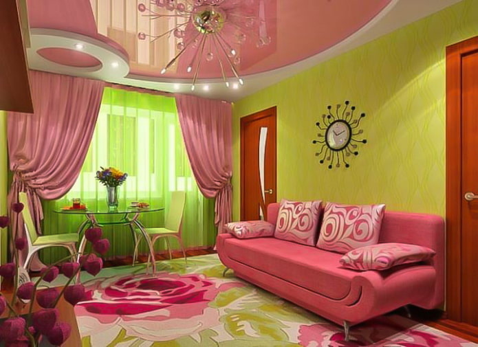 papel pintado verde y techo rosa