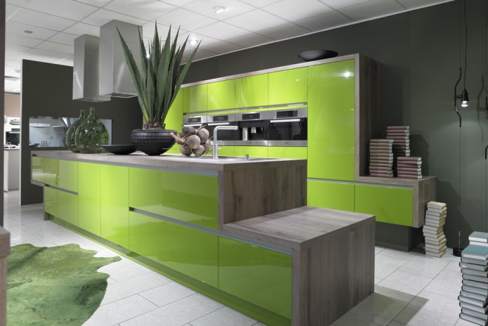 Interior de cocina verde ensalada en estilo high-tech