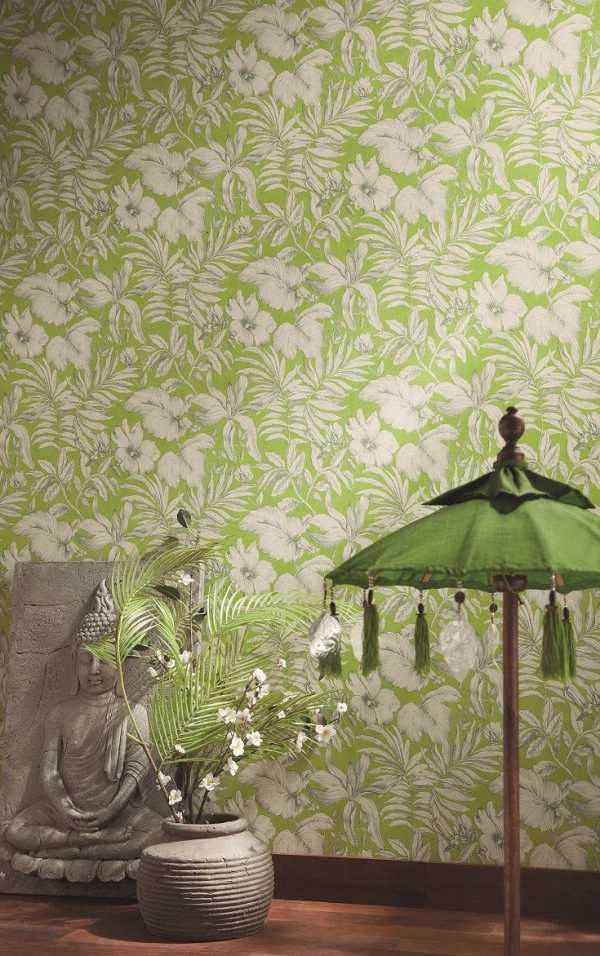 papel pintado verde claro con estampado floral