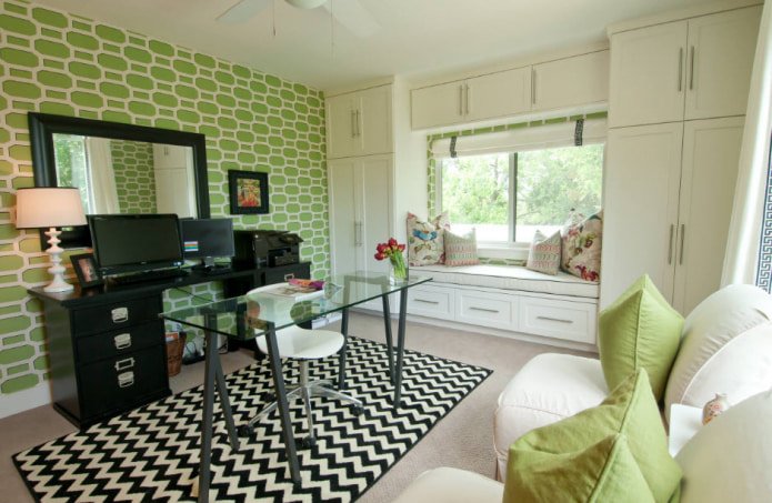 combinación de verde claro y blanco en el interior