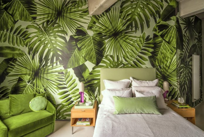 papel tapiz fotográfico con hojas en el dormitorio