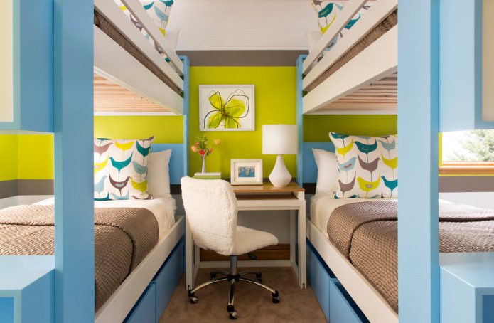 Interior de habitación infantil en verde claro y azul