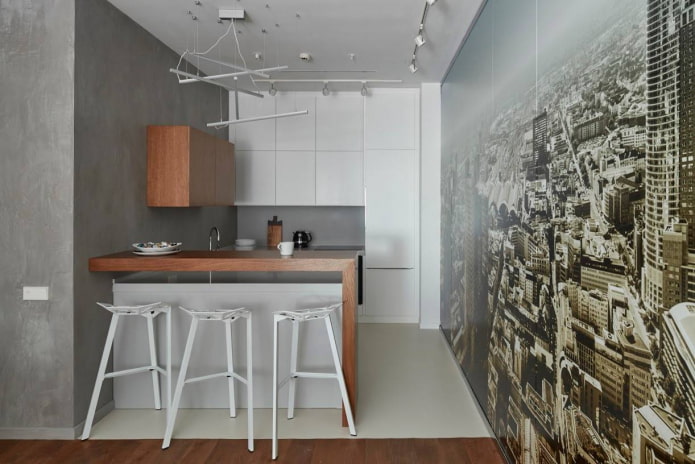 papel pintado 3D en una pequeña cocina gris y blanca