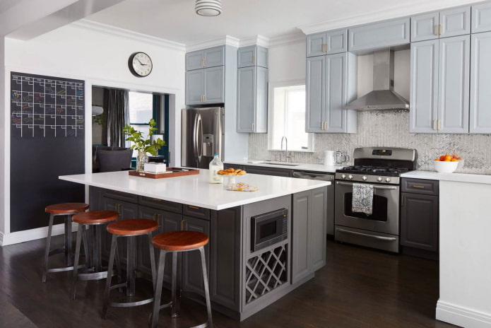 cocina con varios tonos de gris en el conjunto de muebles y paredes