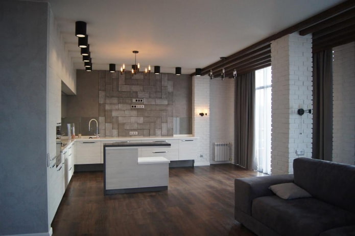 cocina estilo loft con varios tipos de ladrillo
