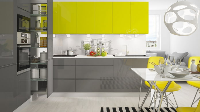 cocina amarilla-gris-blanca en estilo high-tech