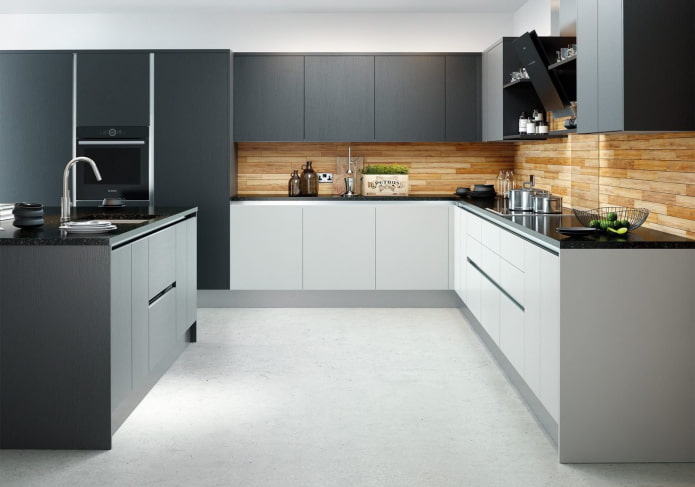 decoración de paredes de madera en una cocina gris y blanca
