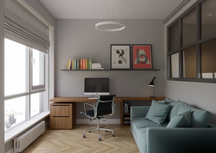 Interior de oficina con parquet claro y paredes grises