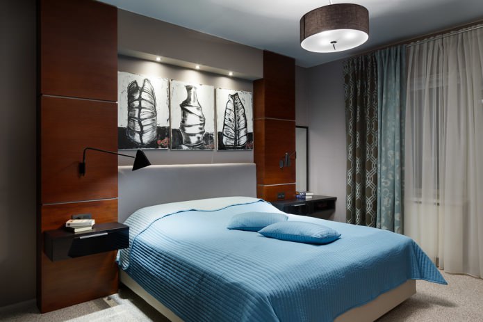 interior de dormitorio turquesa y marrón con cortinas dobles y tul