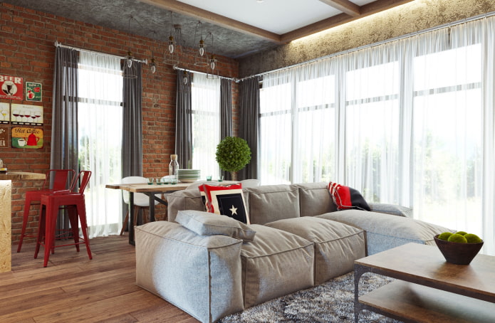 cortinas de voile para una sala de estar tipo loft